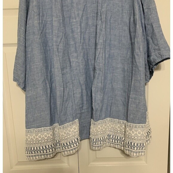Catherines Linen Blend Chambray Blue & Crochet Lace Open Cardigan Size 3X (X26) - Picture 2 of 9